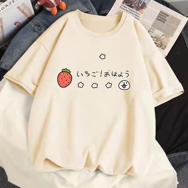 Camisetas 2023 de algodón para mujer, ropa Harajuku y2k, Kawaii, fresa, manga corta, 100%