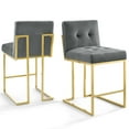 thumbnail image 1 of Counter Stool Chair, Set of 2, Velvet, Metal Steel, Gold Grey Gray, Modern Contemporary Urban Design, Bar Pub Cafe Bistro Hotel Restaurant Hospitality, 1 of 4