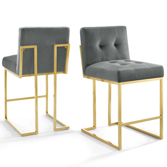 Counter Stool Chair, Set of 2, Velvet, Metal Steel, Gold Grey Gray, Modern Contemporary Urban Design, Bar Pub Cafe Bistro Hotel Restaurant Hospitality