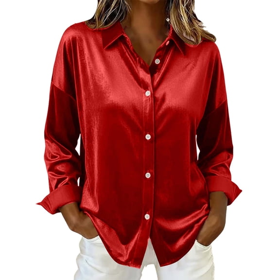 Fznquz Button Down Tops for Women Red Satin Long Sleeve Tees Loose Casual Collared Soft Women Clothes,XXL