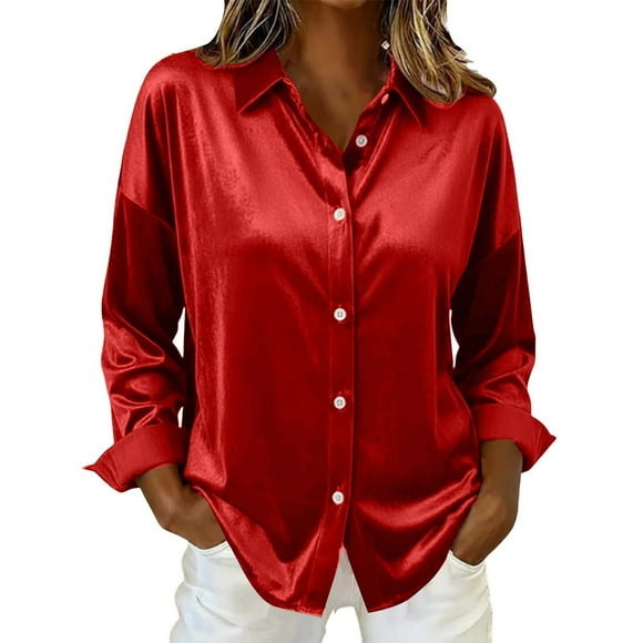 Ounisa Satin Blouses for Women Casual Long Sleeve Button Down Silk Shirts Dressy Business Work Tunic Top Clothes