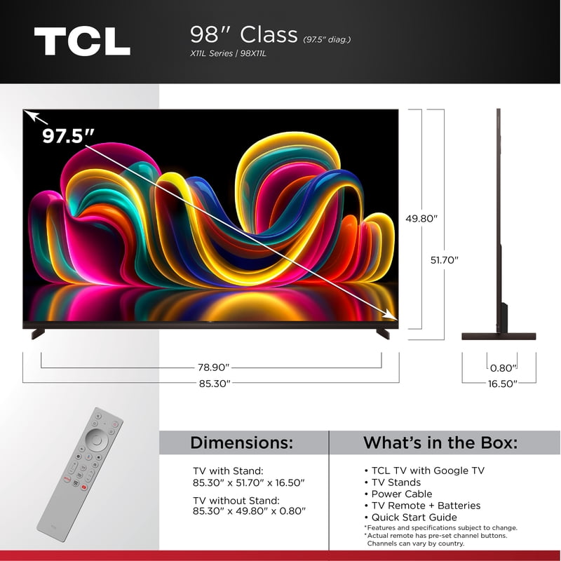 TCL 98” Class X11L Series QLED SQD-Mini LED Smart Google TV (NEW 2026) - Deep Color System with Super QLED, Up to LD20000 Precise Dimming Series, Up to HDR10000 Peak Nits, UltraThin Depth - 98X11L front and back view