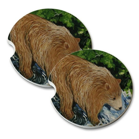 - KuzmarK Sandstone Car Drink Coaster (set of 2) - Young Grizzly Bear Fishing Wildlife Art by Denise Every