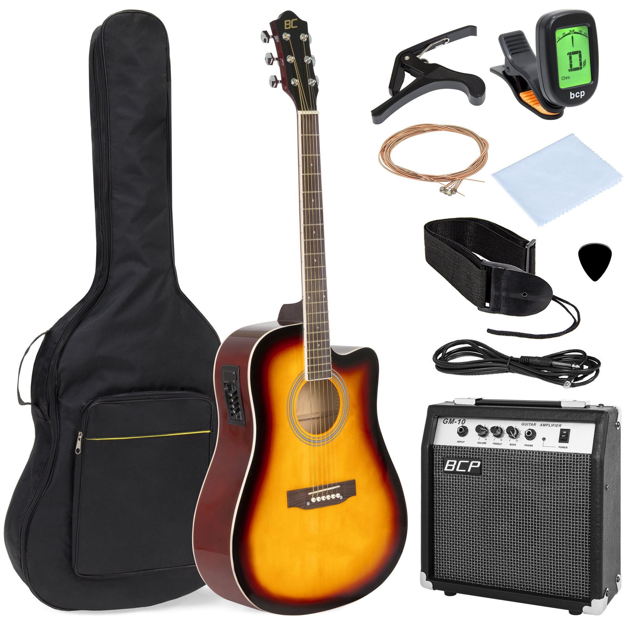 Best Choice Products 41in Full Size Acoustic Electric Cutaway Guitar Set w/ 10-Watt Amp, Capo, E-Tuner, Case - Sunburst