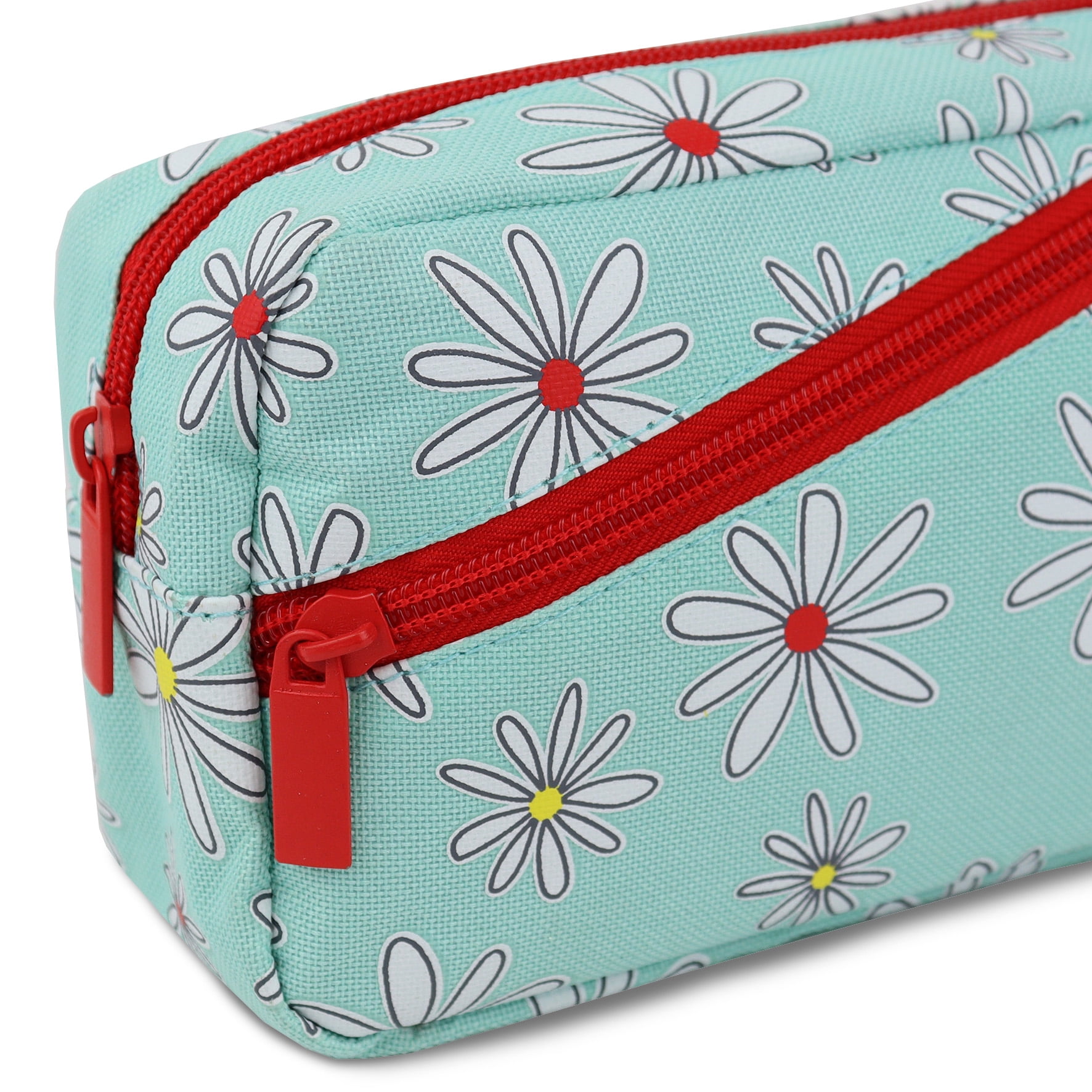 Pen+Gear 2 Zip Daisy Design Pencil Pouch, Mint Polyester, Coral Zips, College, Middle and High School