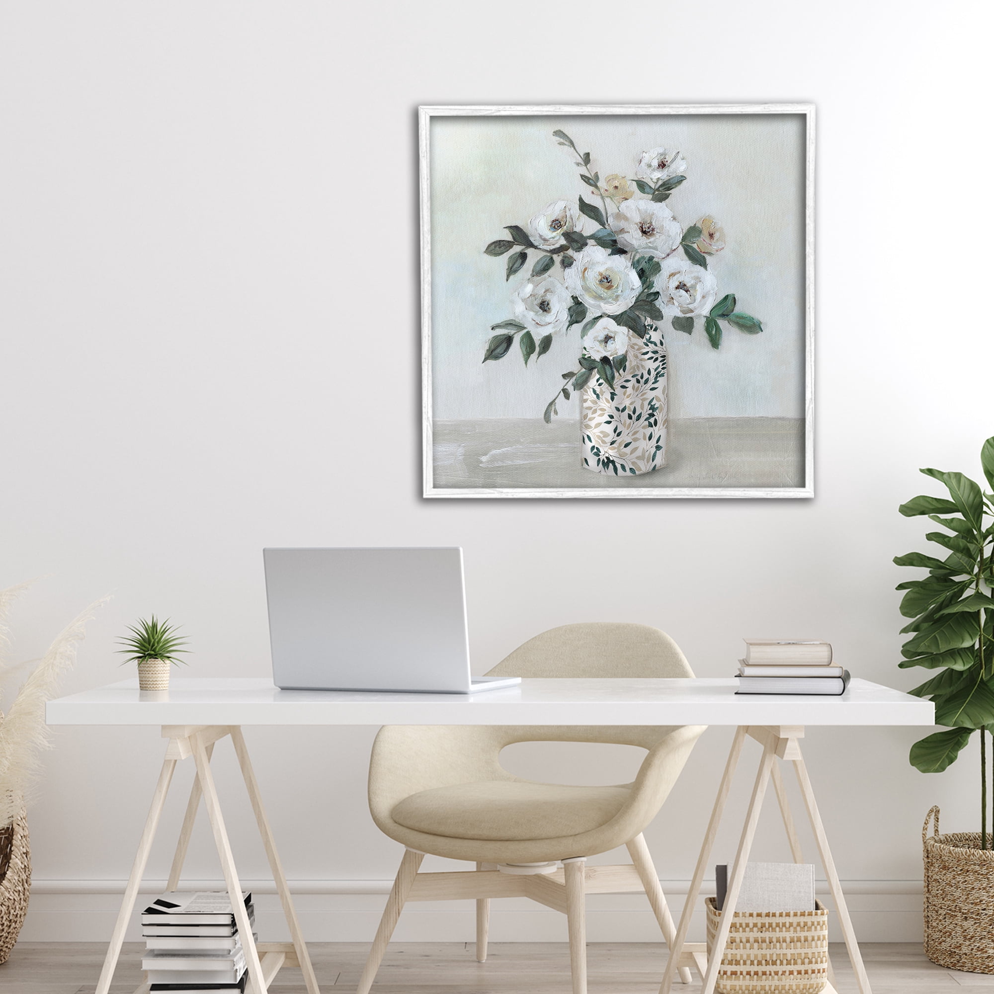 Stupell Industries Leaf Patterned Flower Vase White Framed Giclee Art, design by Sally Swatland