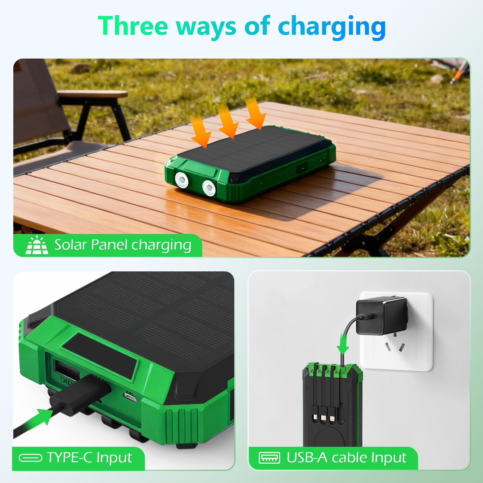 CATGOOD 20000mAh Solar Power Bank, 22.5W Fast Charging Portable Charger with 4 Built-in Cables & 10W Wireless Charging, Travel Battery Pack with Camping Flashlight(Green)