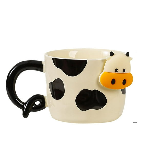 Bonita taza de cerámica con forma de vaca, 350 ml, con mango 3D con cabeza de vaca