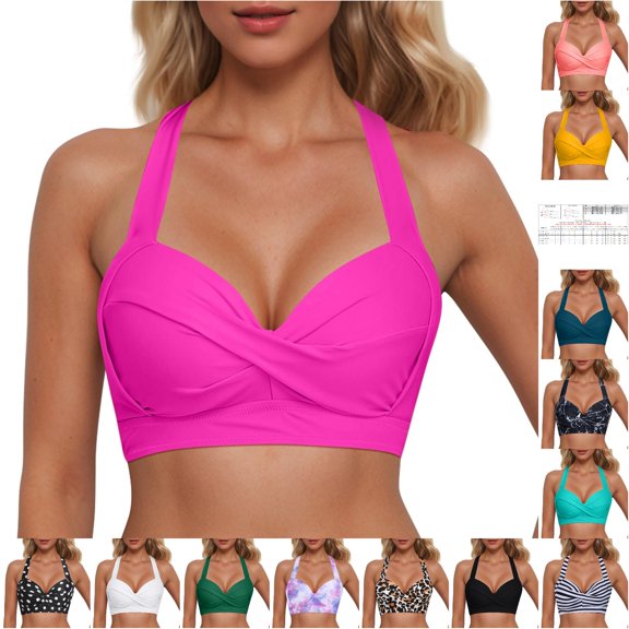 FINALGANG Womens Sweetheart Halter Wide Strap Solid Color Front Twist Padded Bikini Top Support Push Up Swim Top Classic Basic Swim Tops For Beach Pool Holiday Versatile Swimwear L