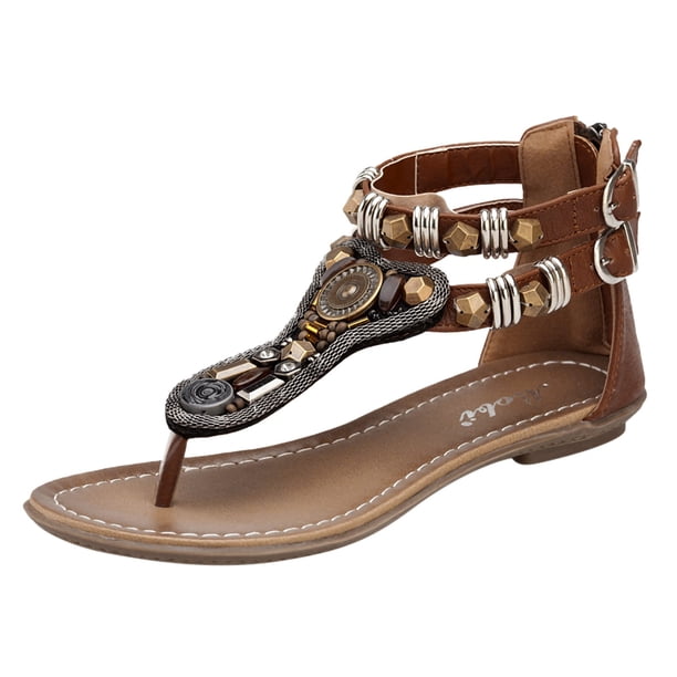 Zapatos de mujer Verano Estilo étnico Playa Playa Bohemio Vintage Con cuentas Tacones bajos Sandalias romanas Wmkox8yii shkj1117
