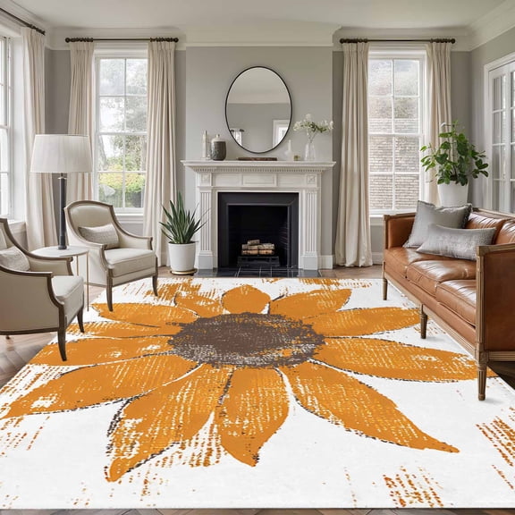 8x10 Area Rugs for Living Room, Orange Sunflower Non Slip Area Rugs for Kitchen Bedroom Entryway, Spring Summer Botanical Flowers Washable Carpet Runner Rug Floor Mats for Bedroom Home Decor