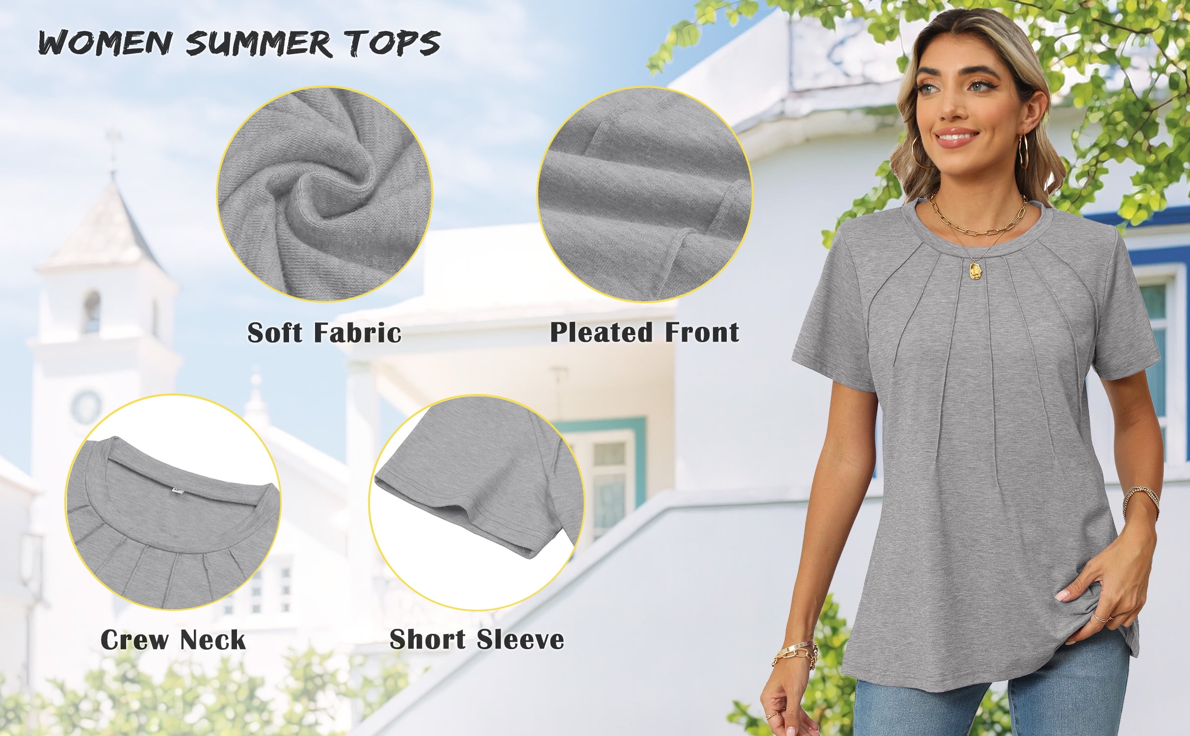 Rosvigor Blouses for Women Short Sleeve Shirts Casual Dressy Summer Tops with Pleats
