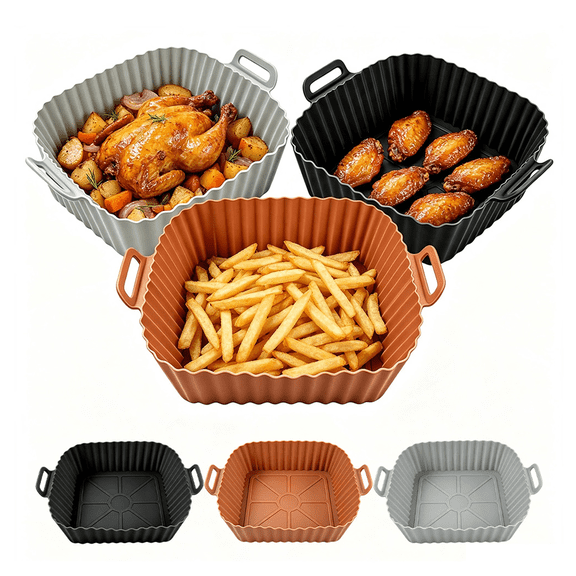 3 Pcs Air Fryer Silicone Pot with Handle Reusable Air Fryer Liner Heat Resistant Air Fryer Silicone Basket Square Baking Tray