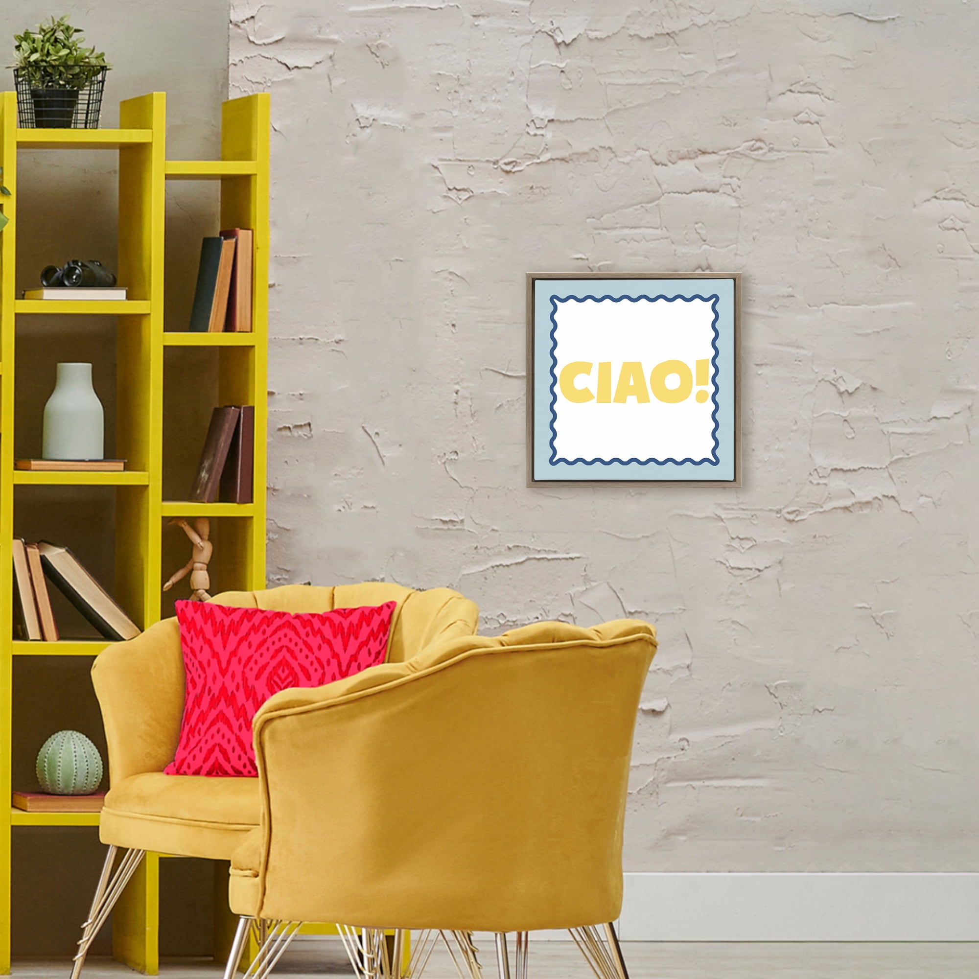 Stupell Industries CIAO! Bold Yellow Typography Brown Framed Floater Canvas Wall Art, design by SD Graphics Studio
