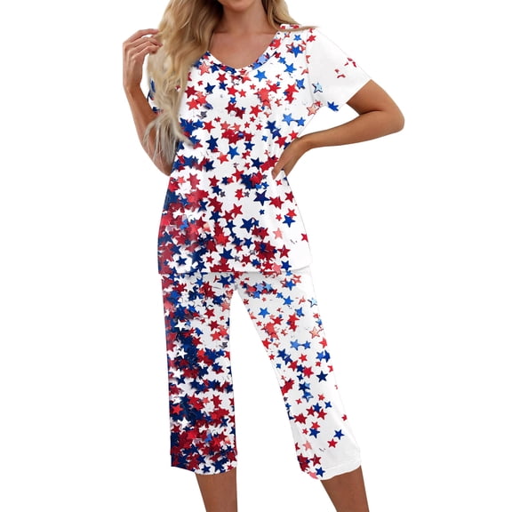 Women's 4th of July Pajama Sets 2 Pieces Lounge Sleepwears US Patriotic Printed Plus Size Short Sleeve Top and Capri Pants Independence Day Gifts