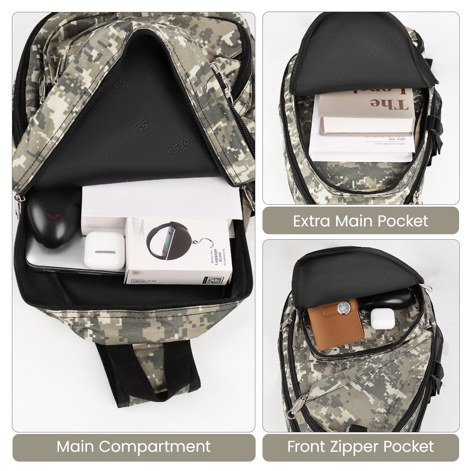 New York Xpress Camo Sling Bag Expandable 14–25L Daypack for Travel Hiking Cycling, Khaki,118