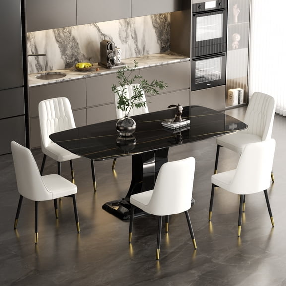 Katboc Rectangular Faux Marble Dining Table Set with 4/6 PU Chairs, Metal Legs, Modern for Kitchen, Dining Room & Apartment