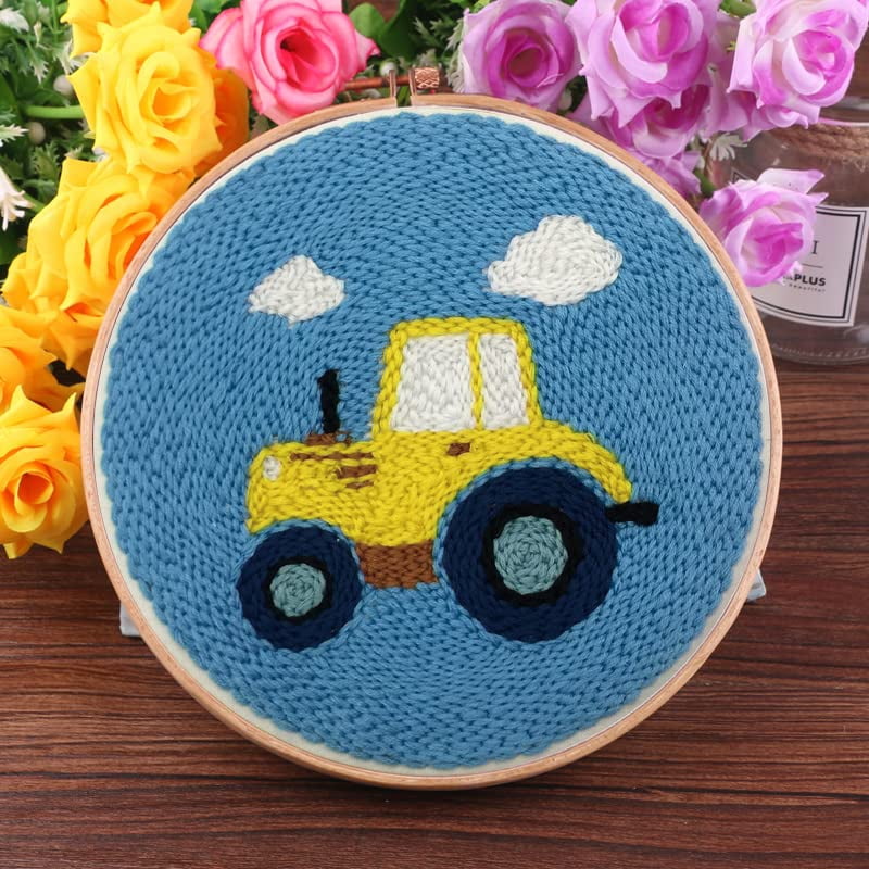 2 Pack Easy Smaller Size DIY Craft Punch Needle Embroidery Kits Rug for Starter Kits with Stamped Color Pattern with Instruction,Yarn and Wood Needle Pen,15cm Hoop (Truck,Dog)