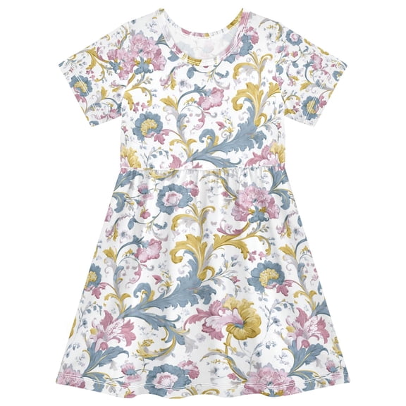 Girls Short Sleeve A-Line Dress Play Dress Pink and Blue Floral Pattern Sizes 2T
