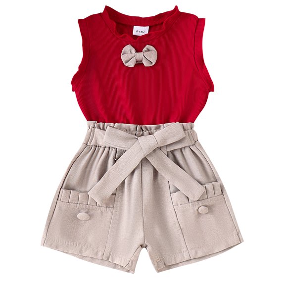 Mevireiy Baby Girls 2Pcs Cute Outfits Frill Sleeveless Bow Knit Tank Tops Belted Shorts