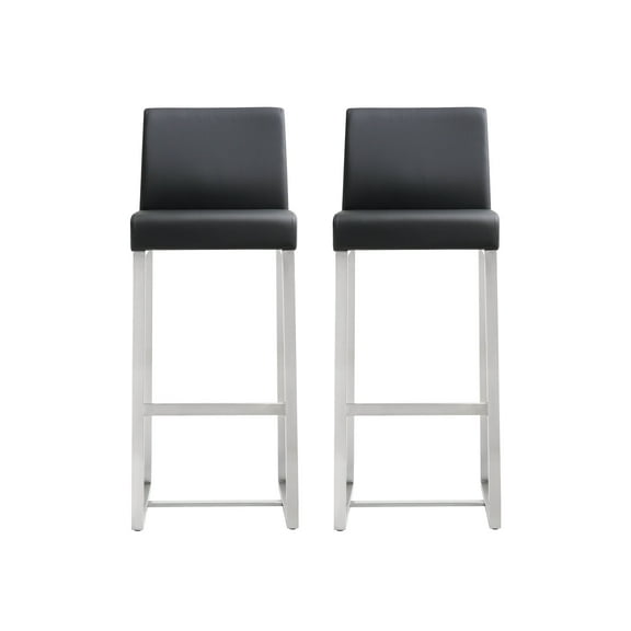 TOV Furniture Denmark Black Vegan Leather Barstool with Silver Legs - Set of 2
