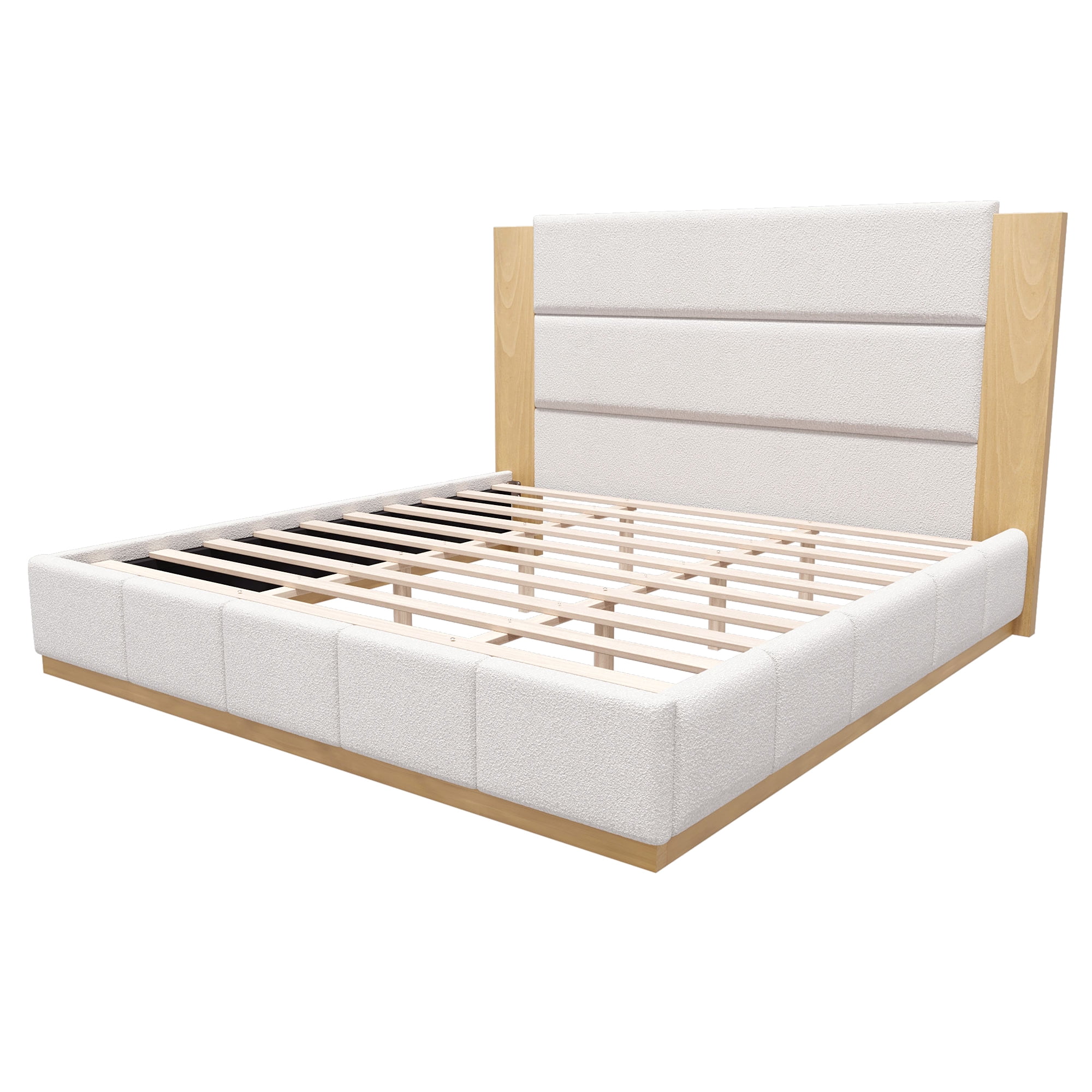 Euroco Upholstered King Size Platform Bed, Velvet Bed with High Wood Headboard, White