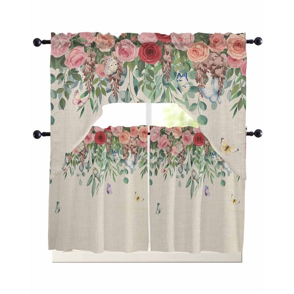 Watercolor Roses Swag Kitchen Curtains Sets for Windows 24 Inch Length, Spring Flowers Leaves Butterflies Beige Short Window Curtain Panels Swags Valances and Tiers 3 Piece Set for Cafe/Dining Room