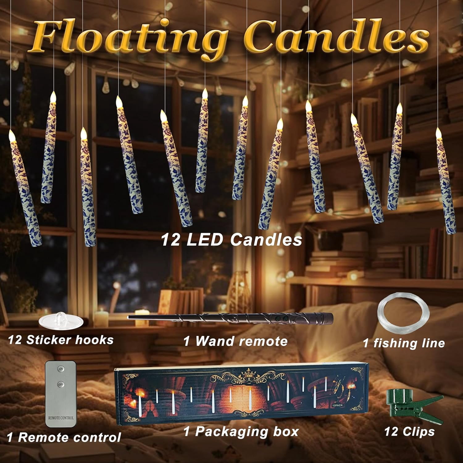 XINAOBAOLUO 12PCS Floral Floating Candles with Wand,Flickering Warm Light Flameless Floating LED Candle with Wand Remote, Magic Hanging Candles for Halloween Party Birthday Gift