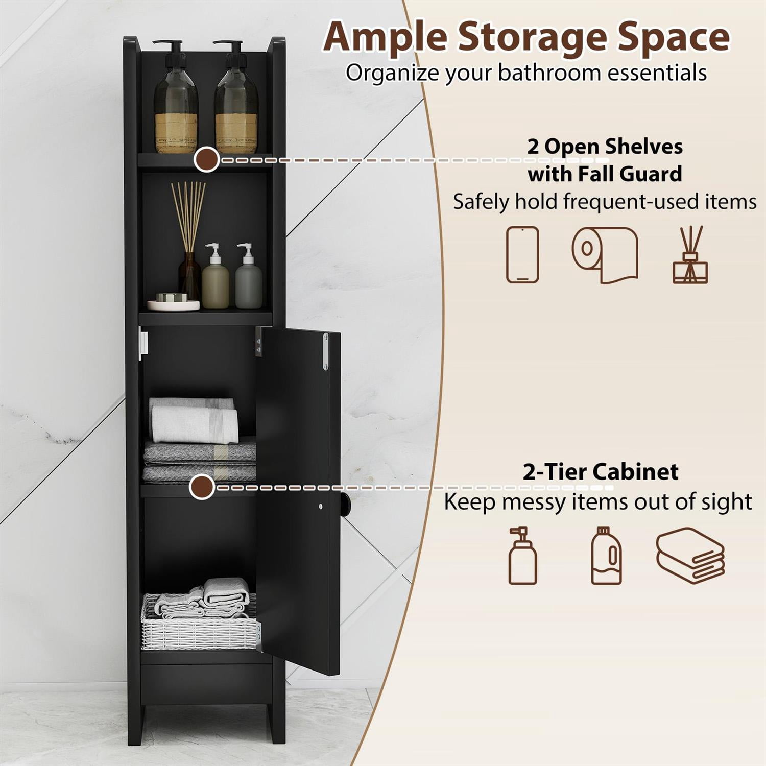 Spaco Black Slim Bathroom Corner Cabinet, 1 Door & Adjustable Shelves with Fall Guard