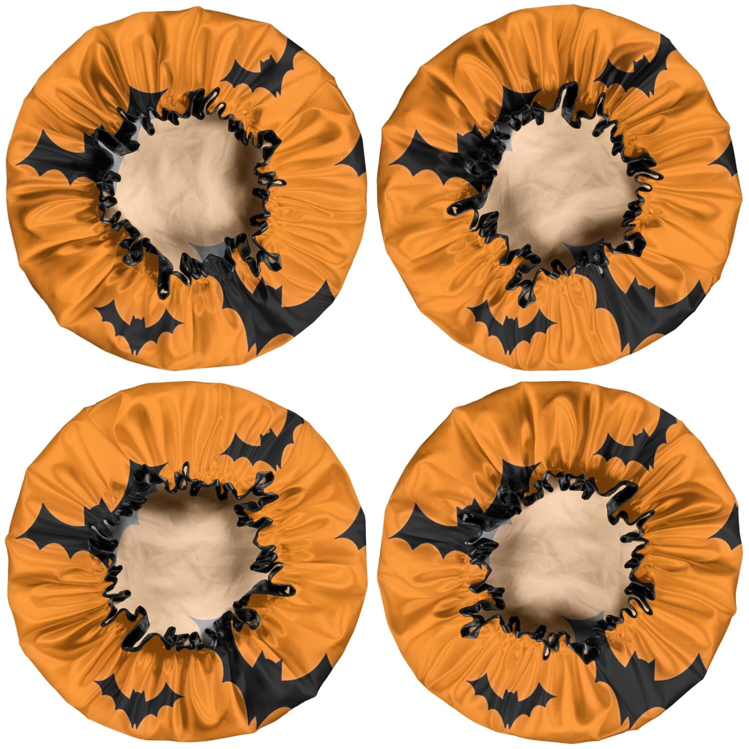 Shower Caps,Orange Halloween Bats Waterproof Shower Cap for Women 4 Pieces,Double Reusable Hair Cover for Shower PEVA Elastic Stretch Hem