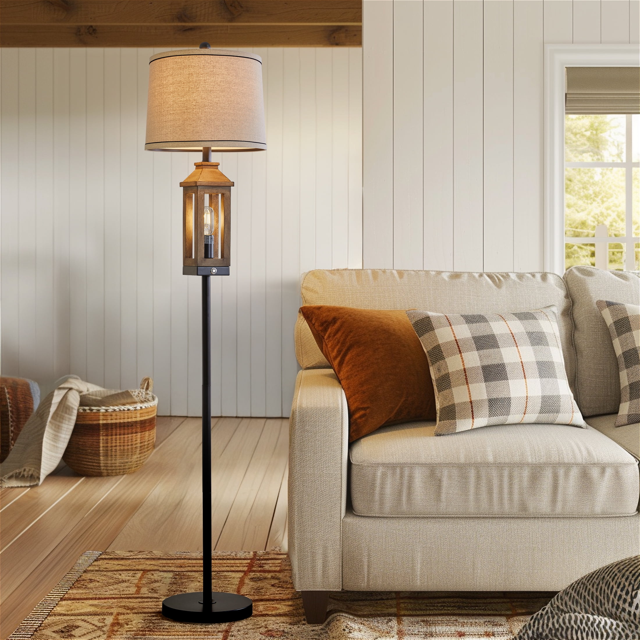 Oneach 63" 3 Way Dimmable Farmhouse Floor Lamp with 2 Light Sources ,Brown Metal Tall Standing Lamp for Bedroom, Living Room, Home