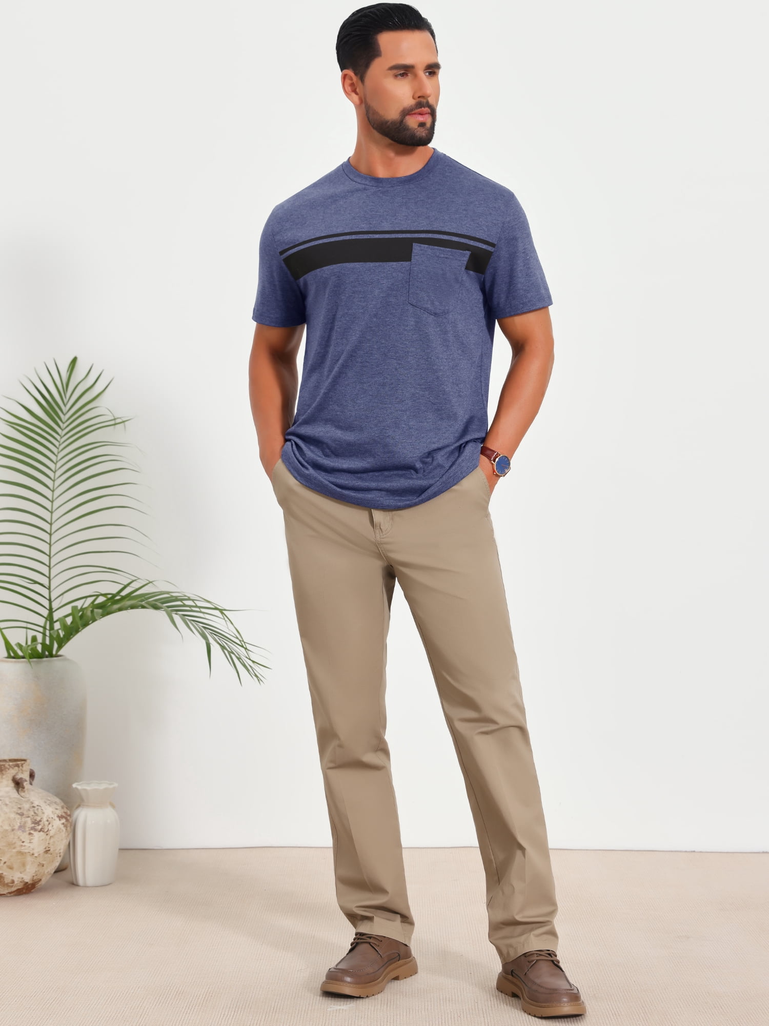 DARING DIVA Men's Chest Pocket Striped Print Crew Neck Short Sleeve T-Shirt S Dark Blue