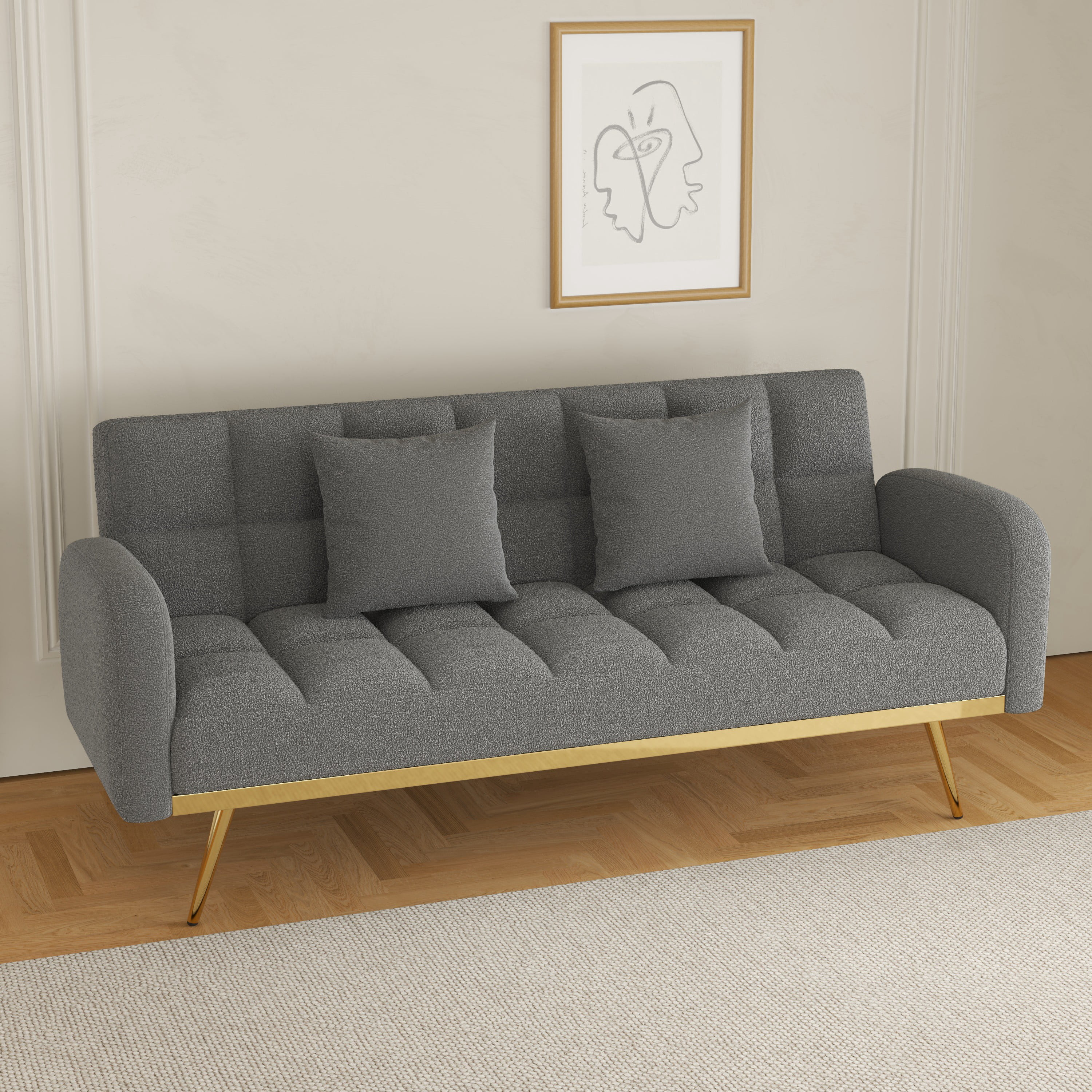 Bianlte Teddy Fleece Futon Sofa Bed Modern Wood Adjustable Reclining Couch with Pillows, Gray/Gold