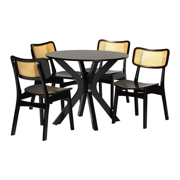 Baxton Studio Linnet Mid-Century Modern Dark Brown Finished Wood and Rattan 5-Piece Dining Set