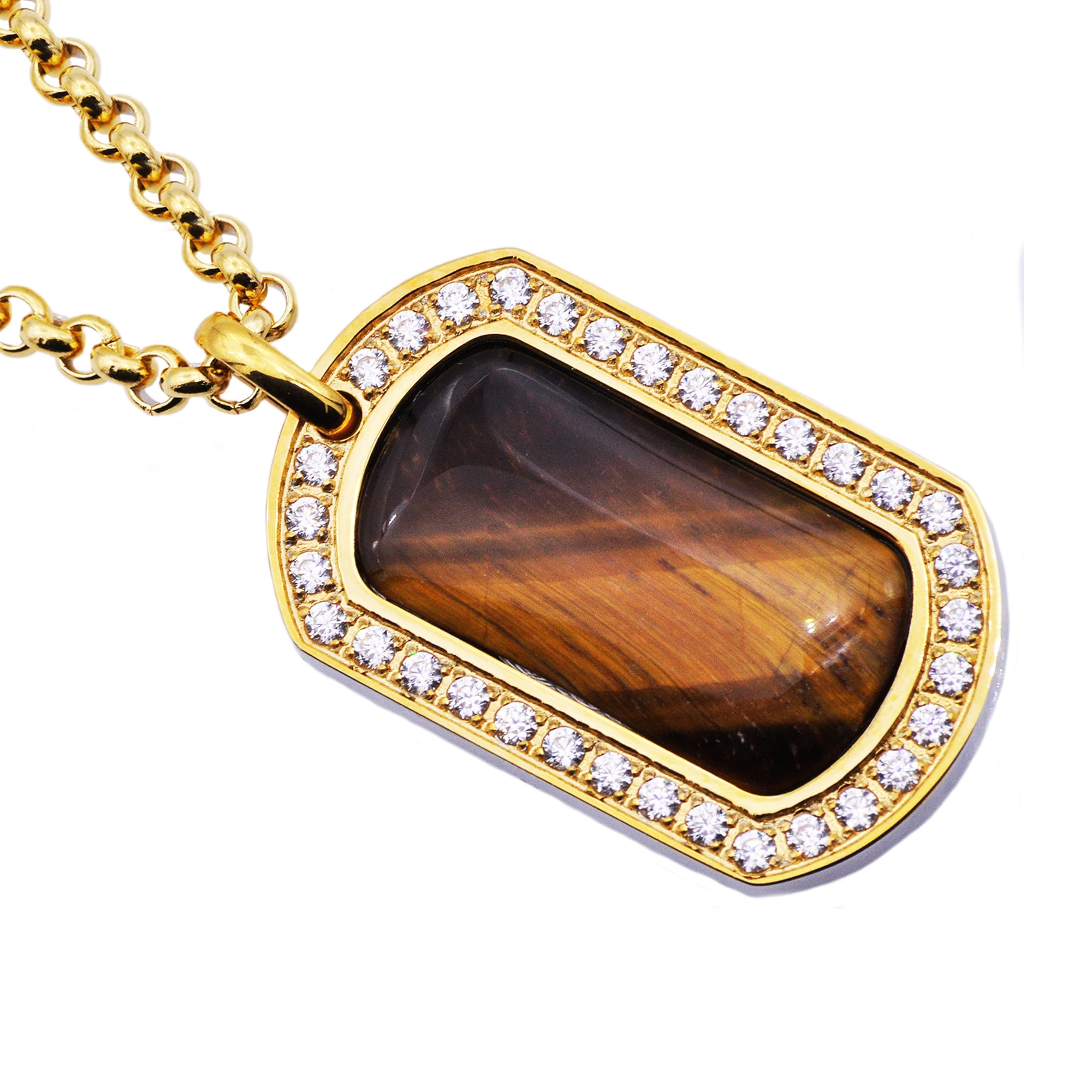 Arista Cubic Zirconia Diamonds And Tiger Eye Dog Tag Men's Pendant in Gold Plated Stainless Steel , 24"
