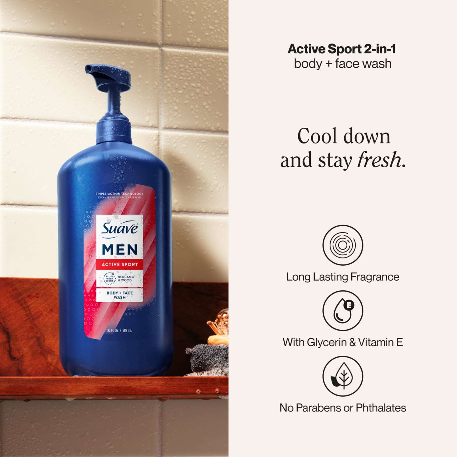 (2 pack) Suave Men Active Sport 2-in-1 Body & Face Wash with Glycerin & Vitamin E, 30 FL OZ