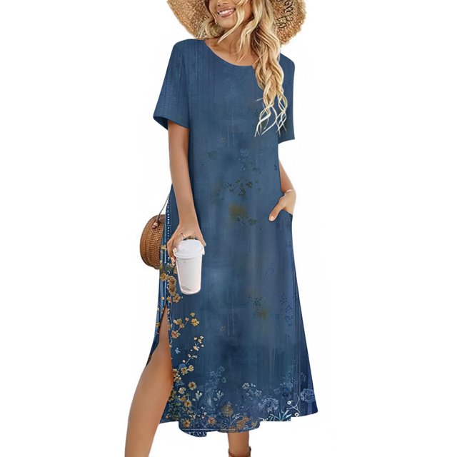 Ovzne Robes d'Été pour Femmes Robe d'Été Femme Couleur Unie Ample Décontractée Mode Robe à Manches Longues Robe à Col à Manches Longues pour Femmes Robe de Vacances à Manches Longues Imprimée Liquidation