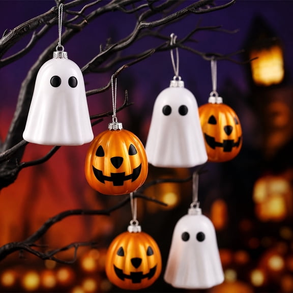 12 Pack Matte Halloween Hanging Ornaments, Ghost & Pumpkin Shatterproof Plastic Baubles, Reusable Indoor Decor for Window Mantel Home Party