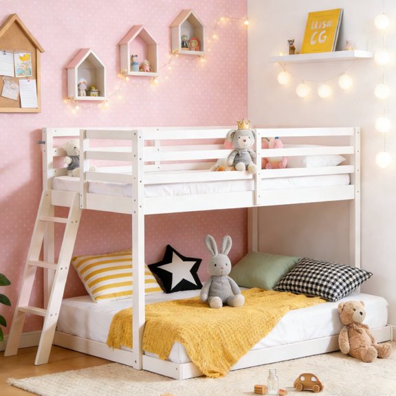 Zimtown Bunk Bed Twin over Full with 14.57" Height Safety Guardrail, Low Floor Wood Bed Frame , White