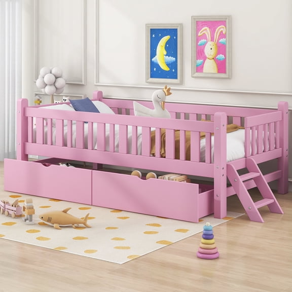 Solid and Stable Wood Twin Size Platform Bed with Guardrail and 2 Drawers (Pink)