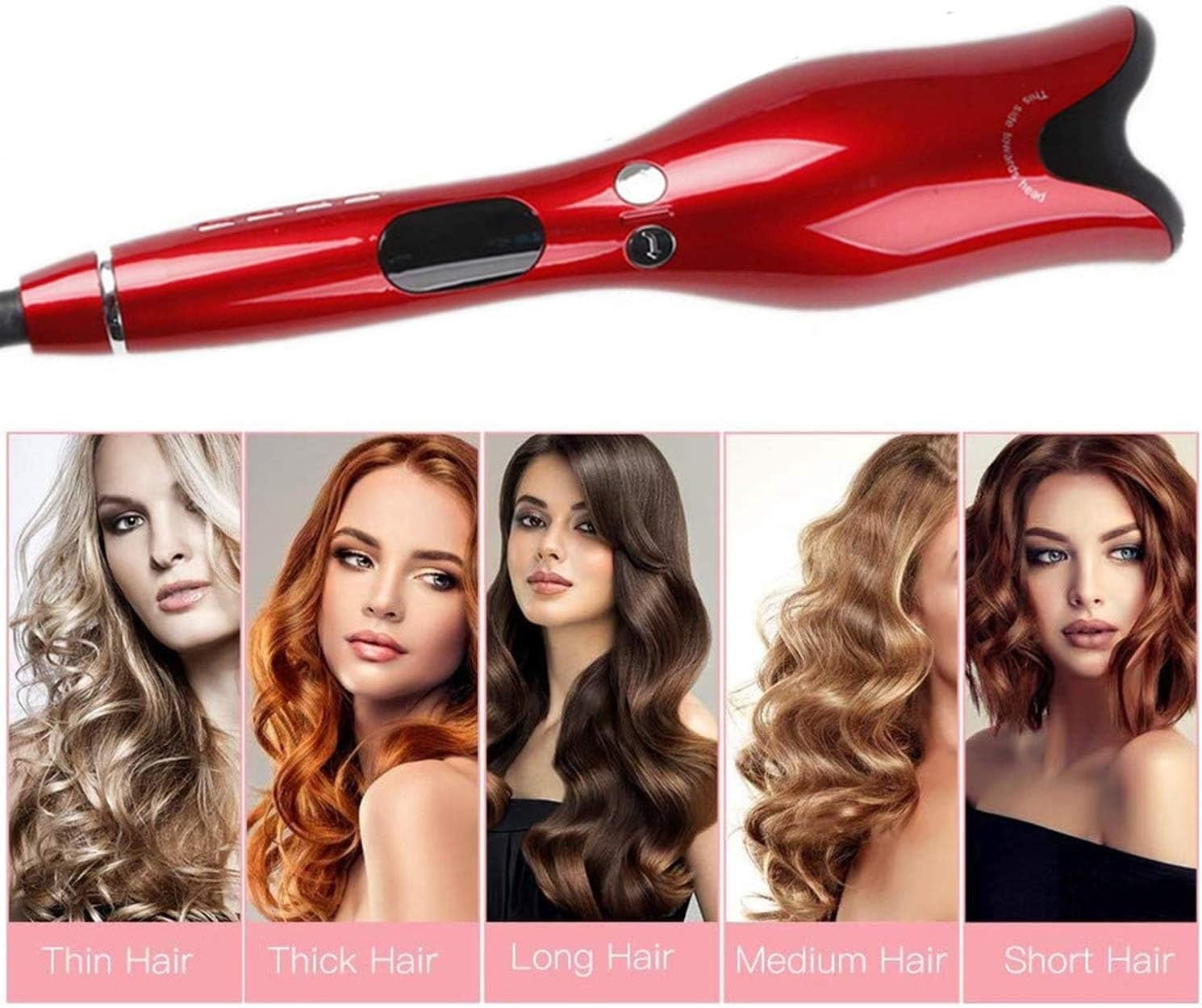 Multi-Function LCD Automatic Hair Curler Spin Curl 1 Inch Iron Curling Air Wand Styling Salon Tool Tourmaline Ceramic Heater (Red)