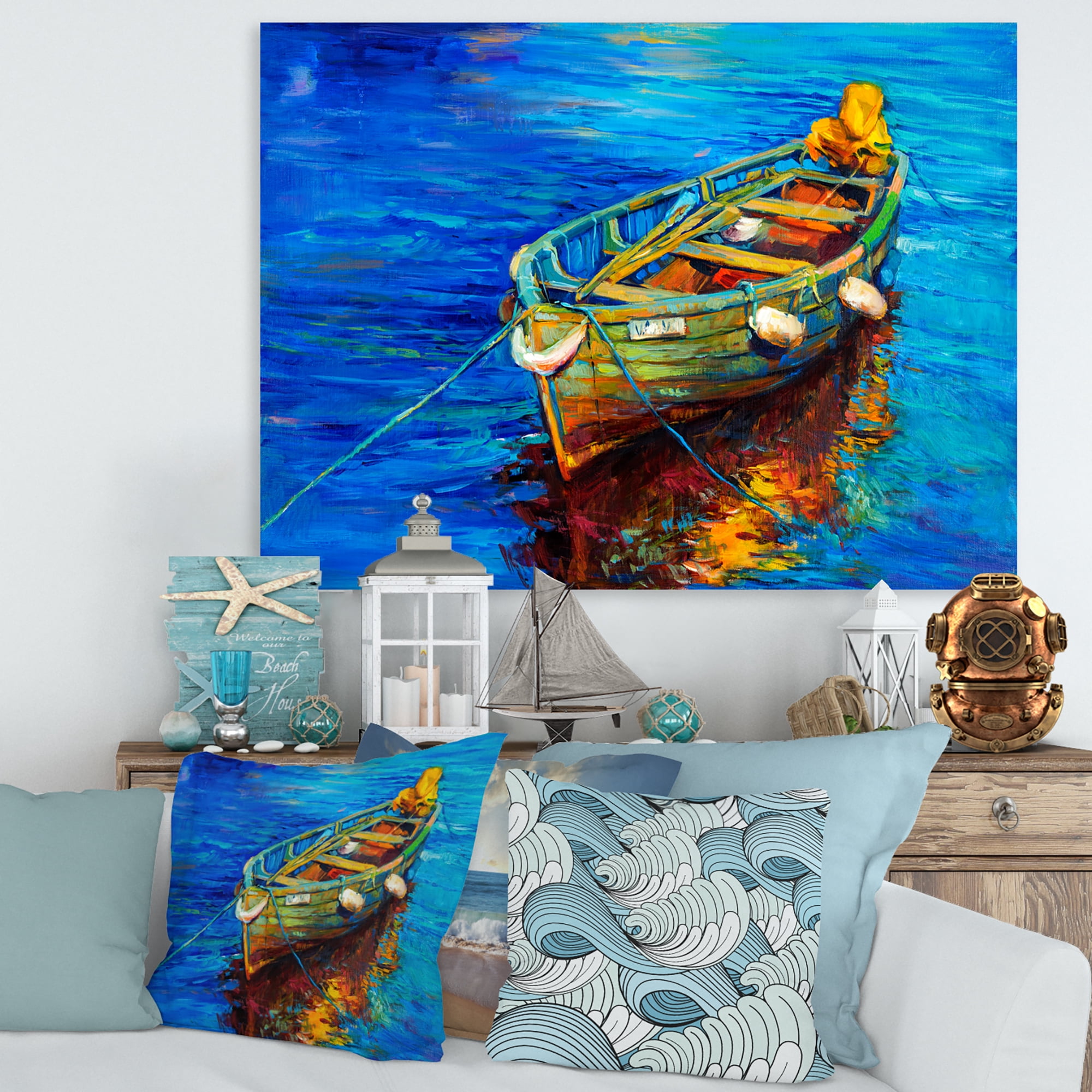 Designart ' Boats During Warm Sunset Resting On The Water IV ' Nautical & Coastal Canvas Wall Art Print