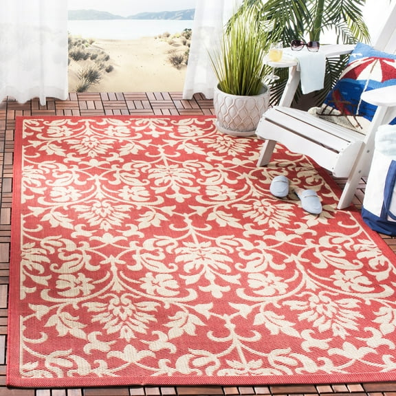 SAFAVIEH Courtyard Yvette Floral Indoor/Outdoor Area Rug, 6'7" x 6'7" Square, Red/Natural