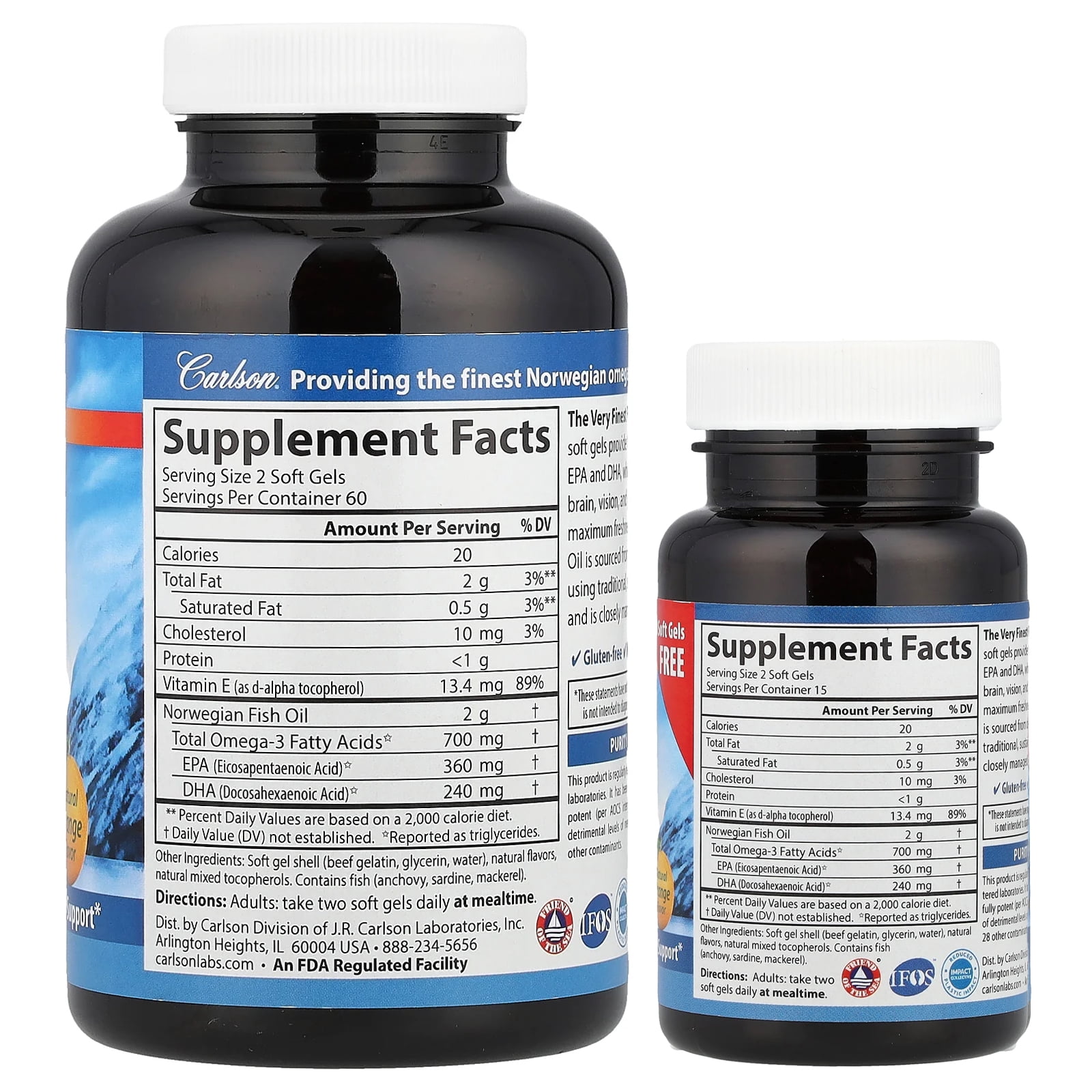Carlson Labs The Very Finest Fish Oil Omega-3 Softgels, Orange, 700 Mg, Bonus Pack, 120 + 30 Ct