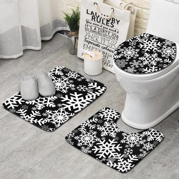 Black Christmas Snowflake Pattern Bathroom Rugs Sets 3 Piece,Toilet Cover Set,Absorbent Non Slip Bathroom Mats Sets with U-Shaped Contour Rug Toilet Rug Set