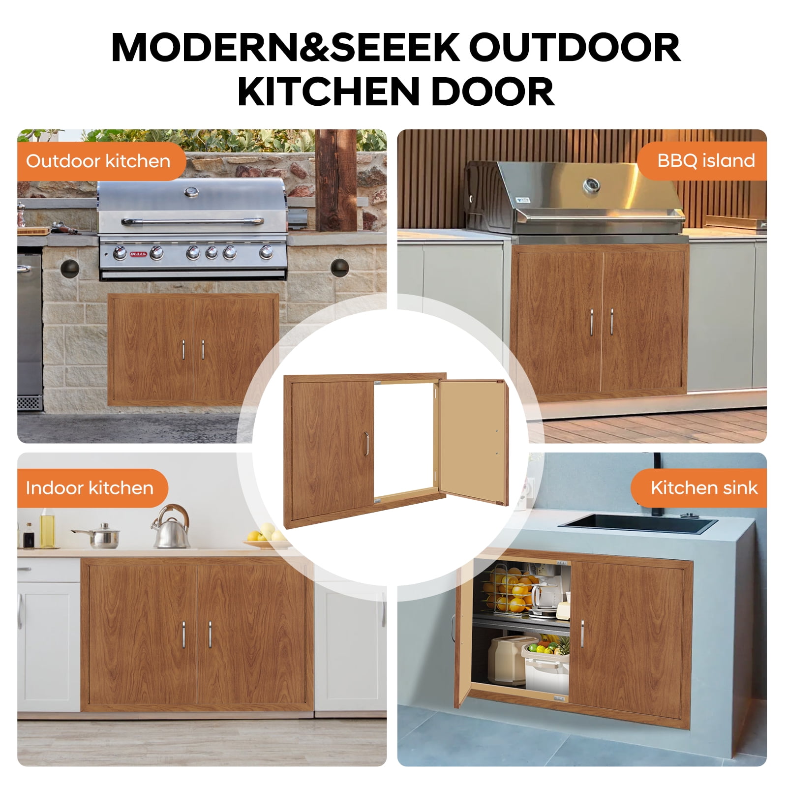 GARITIN Outdoor Kitchen Door, Stainless Steel Cabinet Door with Wood Grain Finish, Water Resistant & Insect Resistant Double Door for Outdoor Kitchen Storage, Wood
