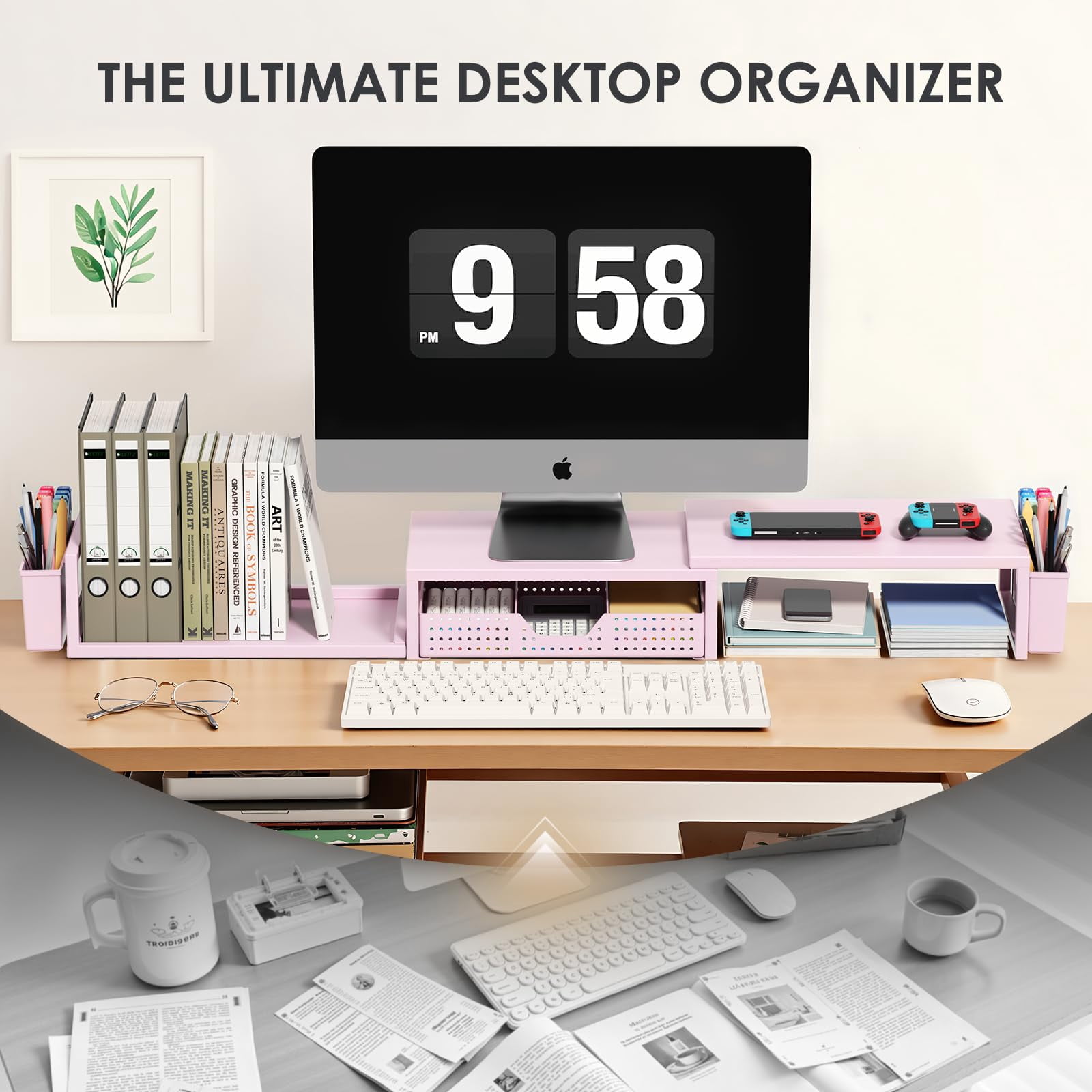 Desk Organizers And Accessories  Dual Monitor Stand Riser With Drawer 2 Pen Holders Shelf Metal Computer Racks For Office Workspace Desktop Organization (pink Metal)