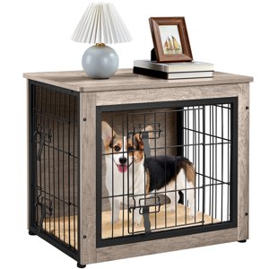 Alden Design 27.5" Dog Crate Furniture with Plush Mat, Gray