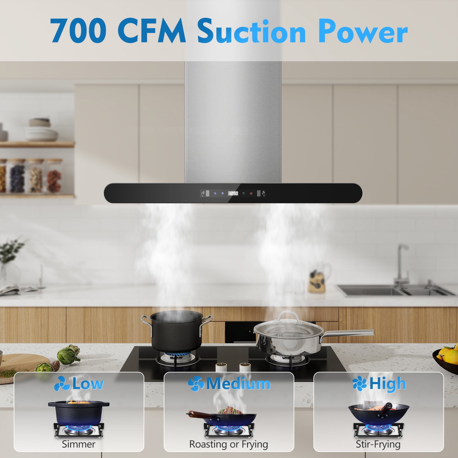 Joeaonz 30" Ventless Island Range Hood, Stainless Steel, 700 CFM, LED Light, Gesture/Touch/Remote Control