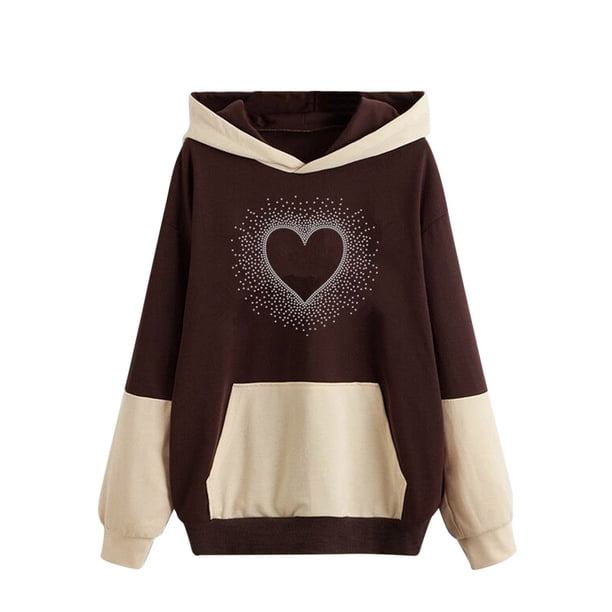 Sudadera con Capucha Gibobby para mujer Colorblock Hot Diamond Heart Print Marrón XL
